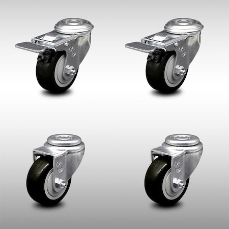 Service Caster 3.5 Inch SS Black Polyurethane Bolt Hole Caster Set with 2 Total Lock Brake SCC SCC-SSBHTTL20S3514-PPUB-BLK-2-S-2